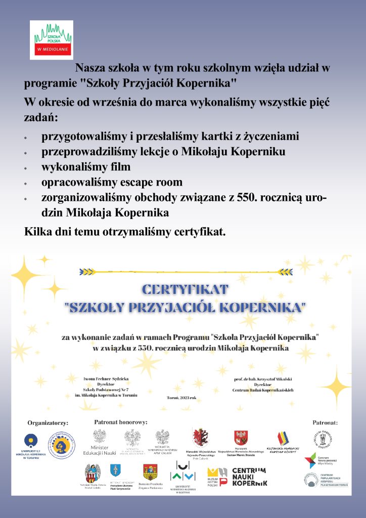 Certyfikat „Szkoły Przyjaciół Kopernika”